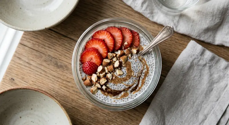 Chiapudding met kokosmelk, amandelpasta en aardbeien