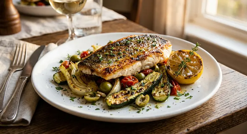Gegrilde zeebaars met venkel, courgette en olijven