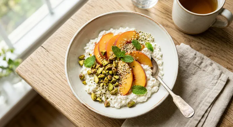 Cottage cheese met perzik, pistache en munt