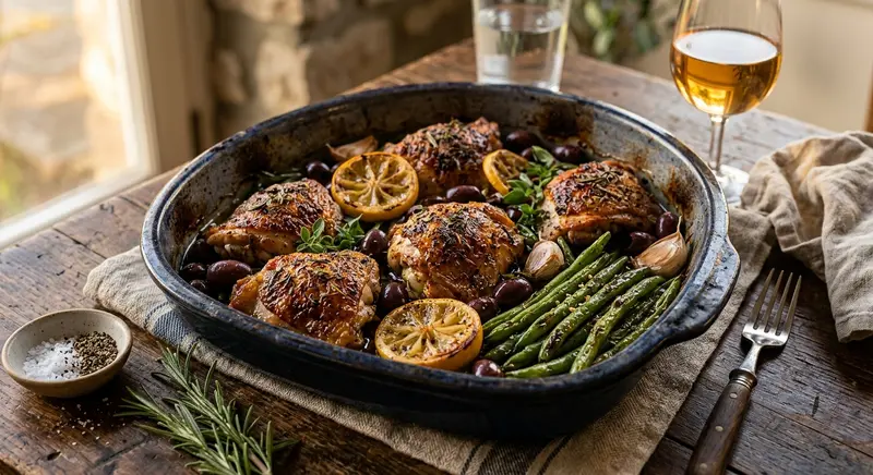 Kipdijfilet uit de oven met citroen, olijven en groene bonen
