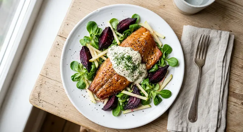 Gerookte forel met bietjes, appel en mierikswortel