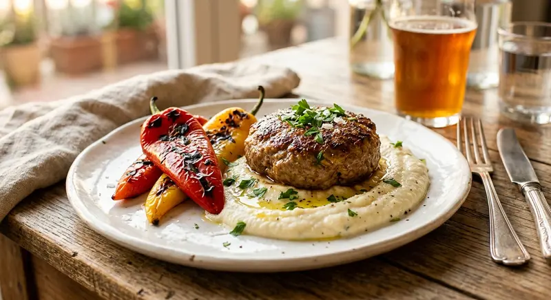 Kalfsburger met gegrilde puntpaprika en bloemkoolpuree