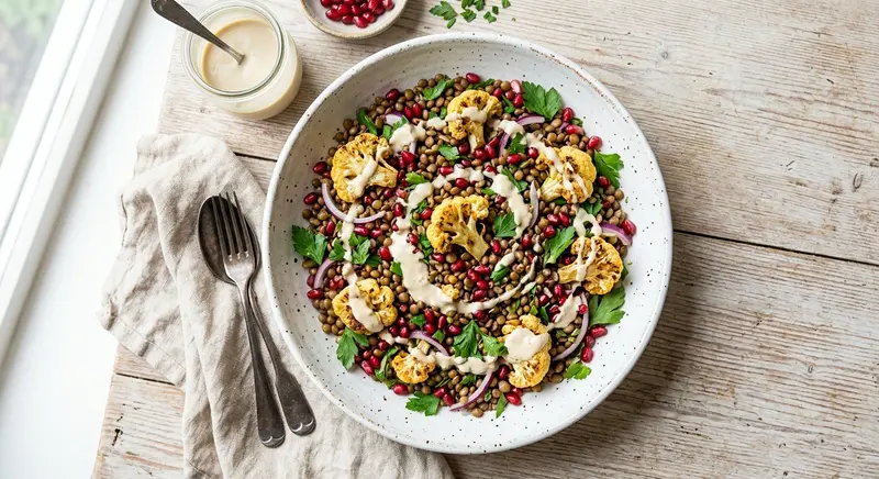 Linzensalade met geroosterde bloemkool, granaatappel en tahin