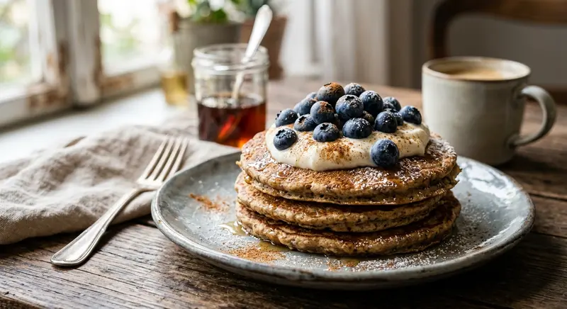 Boekweitpannenkoekjes met kwark en bosbessen