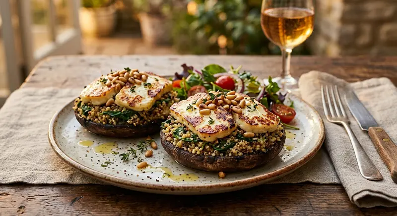 Gevulde portobello's met halloumi, spinazie en pijnboompitten