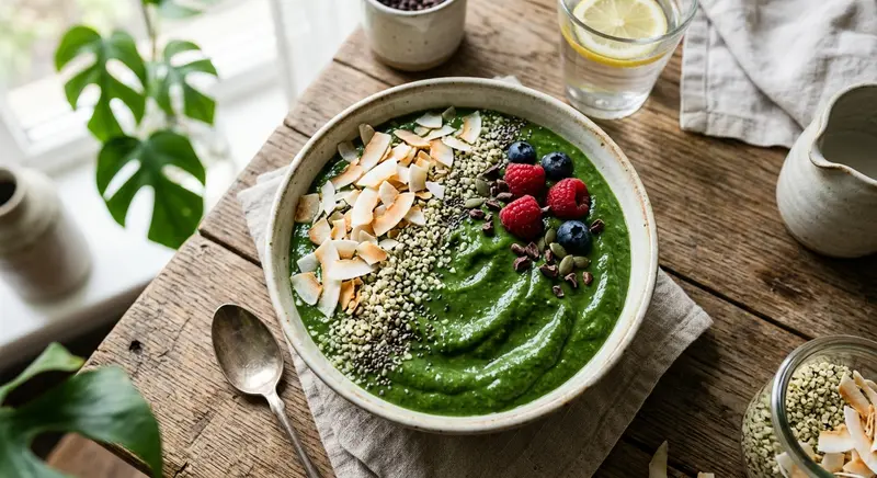 Groene smoothiebowl met skyr, spinazie en amandelpasta