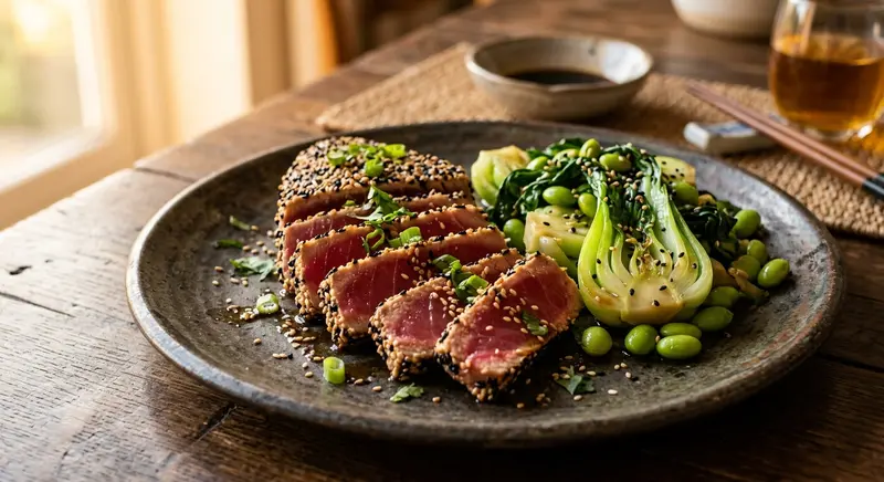 Tonijnsteak met sesam, roergebakken paksoi en edamame