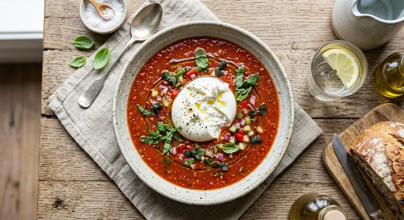 Gazpacho met burrata, basilicum en olijfolie