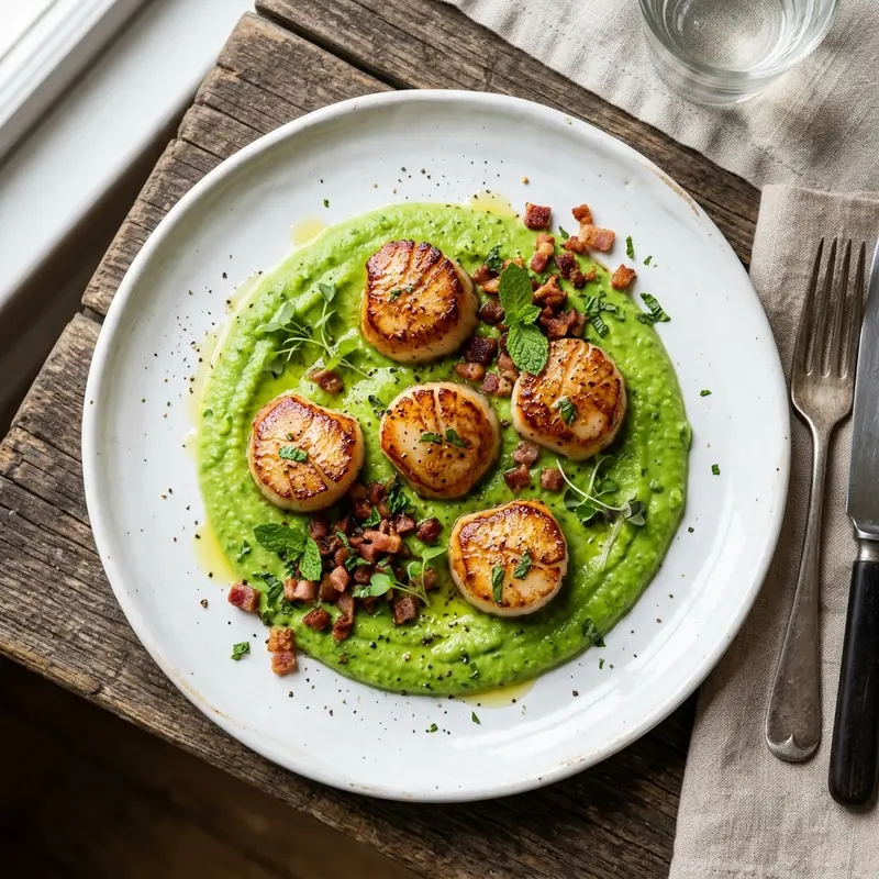 Coquilles met doperwtenpuree, spek en munt