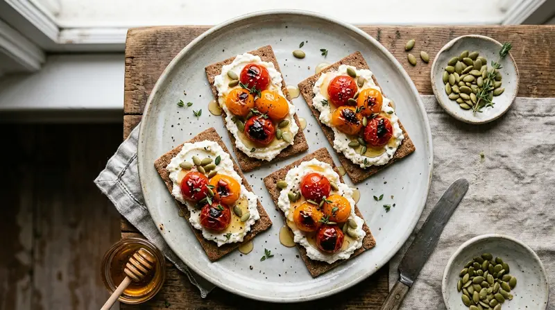 Ricotta op roggecracker met tomaat, honing en tijm