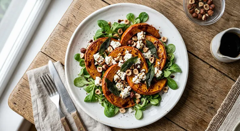 Geroosterde pompoensalade met feta, hazelnoot en salie