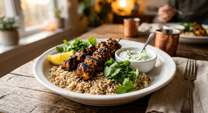 Poulet tikka au riz complet et raïta de concombre