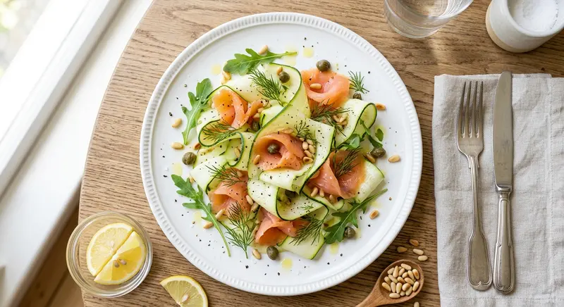 Gerookte zalm met courgettecarpaccio, kappertjes en dille