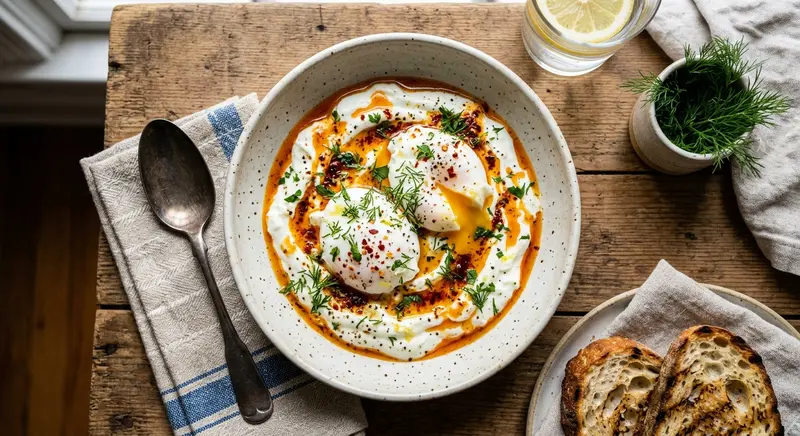 Türkische Eier mit Knoblauchjoghurt und Paprikaflocken