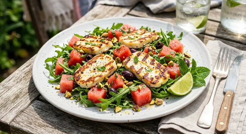 Halloumi grillé à la pastèque, olives et menthe
