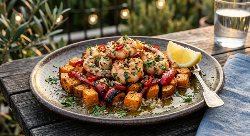 Gambas al ajillo mit gerösteter Paprika und Süßkartoffel