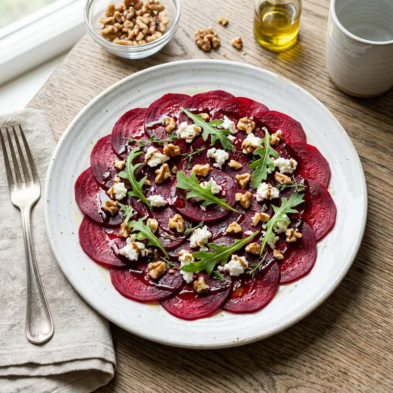 Beet carpaccio with goat cheese, walnuts and arugula