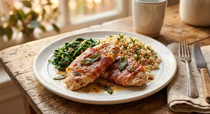 Turkey saltimbocca with sage, spinach and brown rice