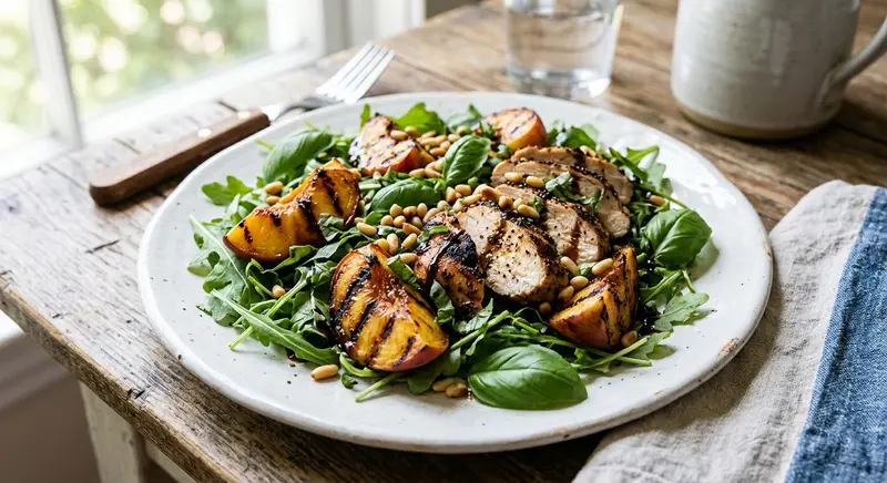 Grilled chicken with peach, arugula and pine nuts