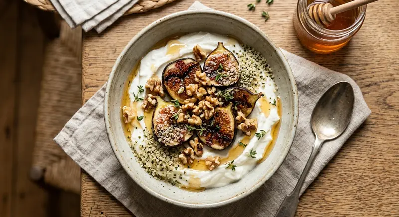 Skyr with grilled figs, walnuts and thyme honey