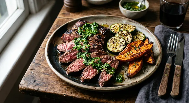 Bavette de bœuf au chimichurri, courgette grillée et patate douce