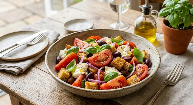 Panzanella aux tomates, mozzarella et basilic