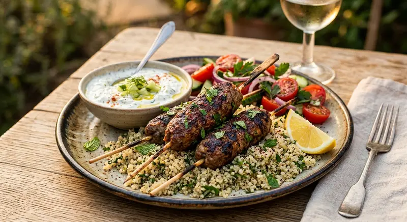 Kofta van lamsgehakt met tzatziki, tomatensalade en quinoa