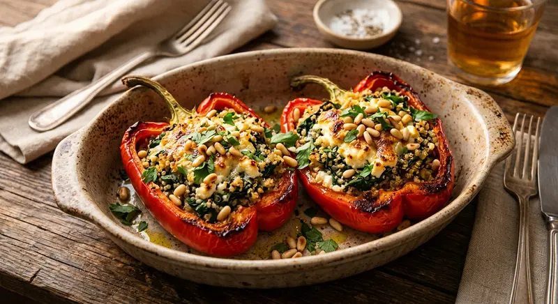 Gevulde paprika's met quinoa, feta en pijnboompitten