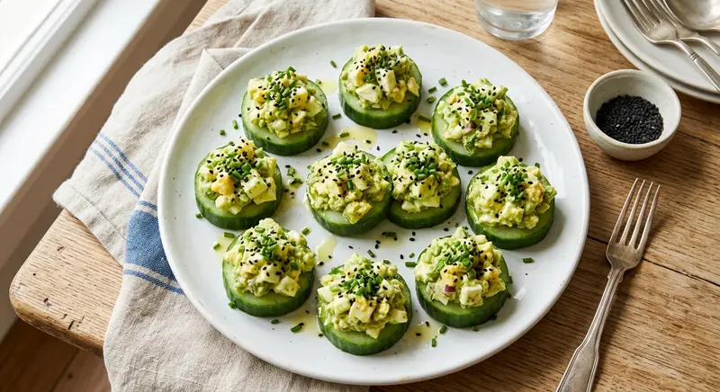 Avocado-eiersalade met bieslook op komkommerplakken