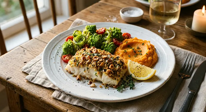 Kabeljauw in hazelnootkorst met romanesco en zoete aardappelpuree