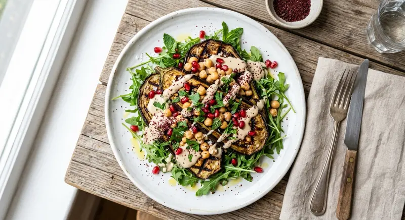 Gegrilde aubergine met kikkererwten, tahin en granaatappel