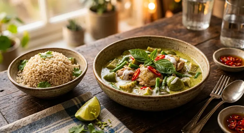 Thaise groene curry met kip, aubergine en zilvervliesrijst