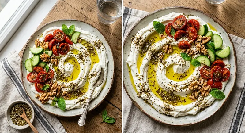 Labneh met olijfolie, za'atar en gemarineerde tomaat
