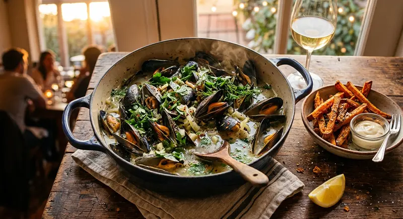 Mosselen in witte wijn met venkel, knoflook en zoete aardappelfriet