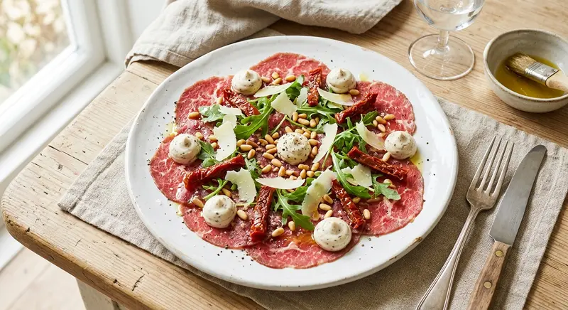 Rundercarpaccio met rucola, Parmezaan en truffelmayonaise