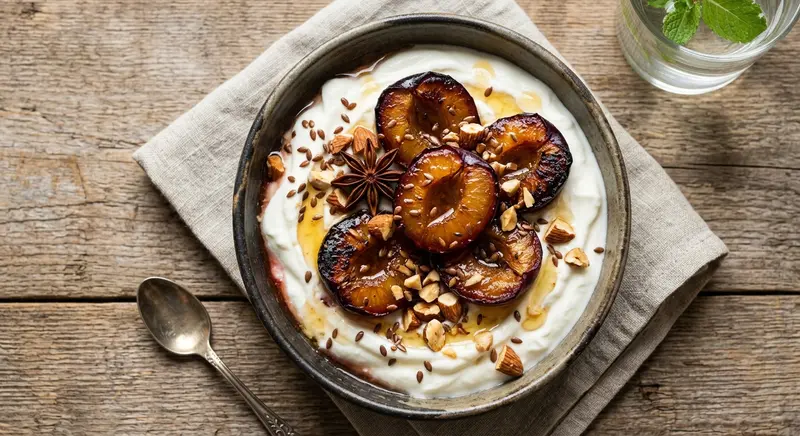 Volle yoghurt met geroosterde pruimen, amandel en steranijs