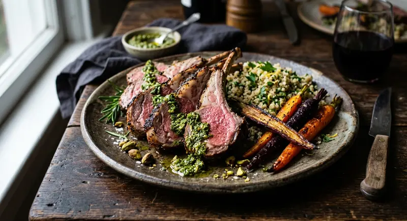 Gegrilde lamsrack met muntpesto, geroosterde wortel en quinoa