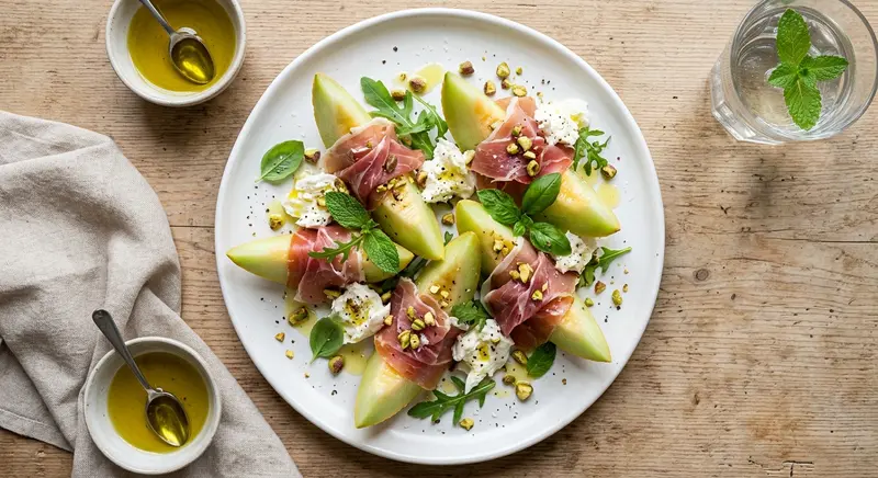 Serranoham met galiameloen, buffelmozzarella en basilicum