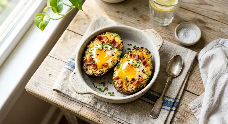 Ovenavocado met ei, krokant spek en bieslook