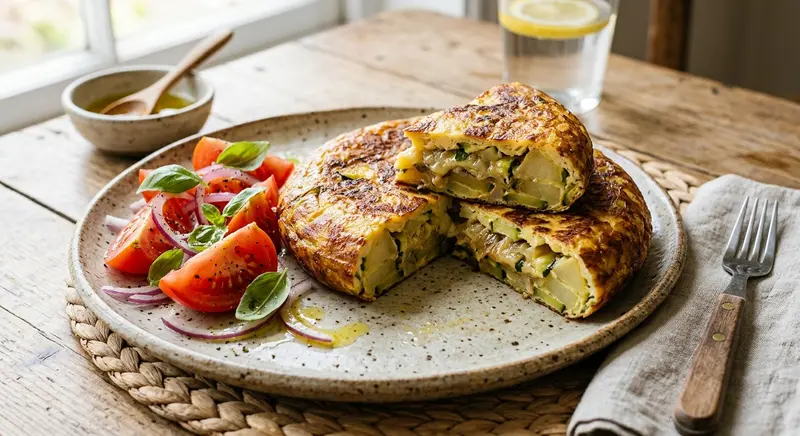 Tortilla van courgette en ui met tomatensalade