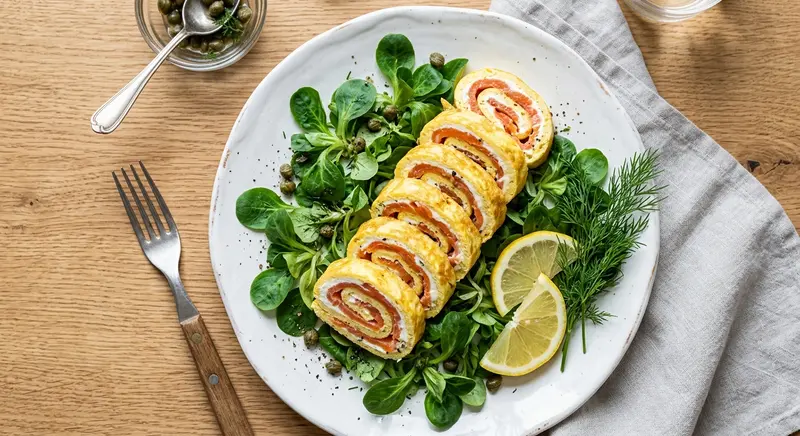 Opgerolde omelet met gerookte zalm, roomkaas en dille