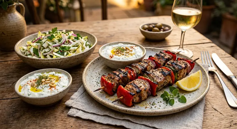 Souvlaki van varkenshaas met geroosterde paprika en andijviesalade