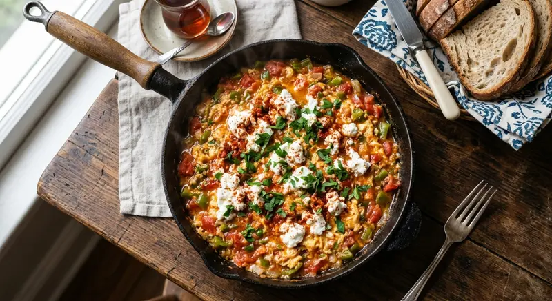 Menemen met tomaat, groene puntpaprika en witte kaas