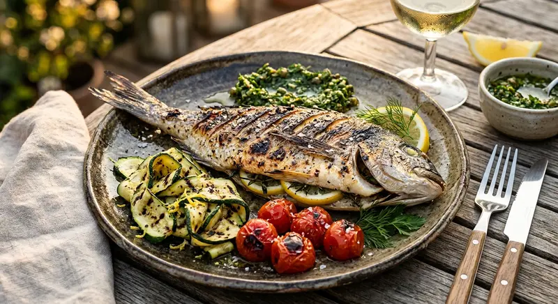 Gegrilde dorade met salsa verde en courgette uit de grillpan