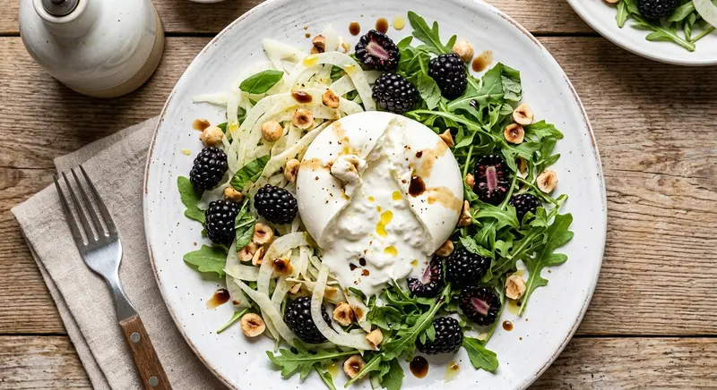 Burrata met geschaafde venkel, bramen en hazelnoot