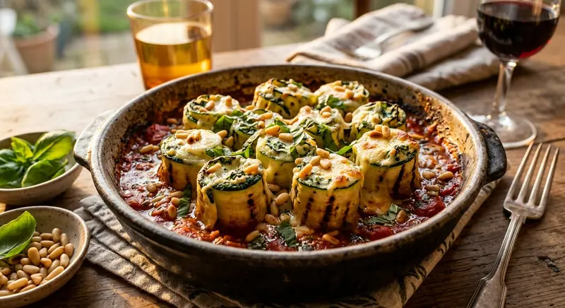 Gegrilde courgetterolletjes met ricotta, spinazie en tomatensaus