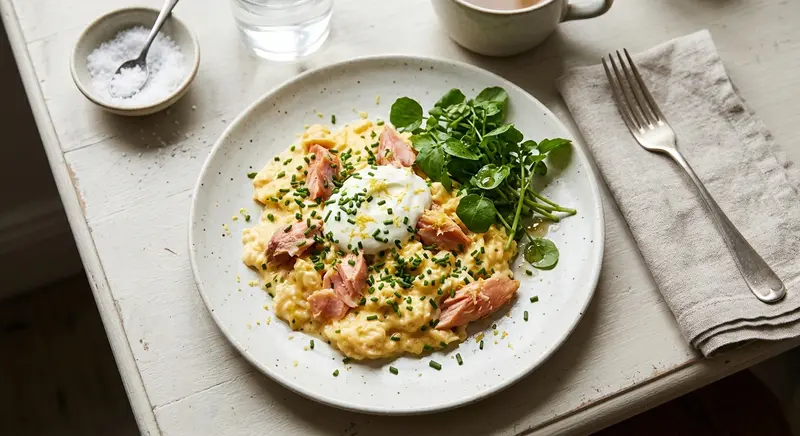 Romig roerei met gerookte forel, bieslook en waterkers