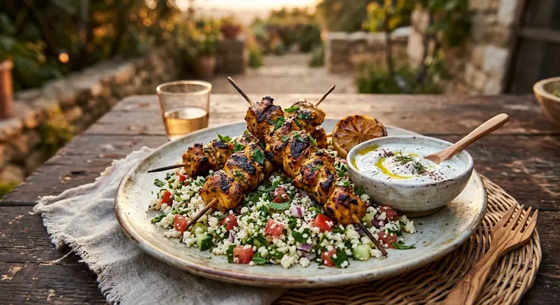 Shish taouk van kip met bloemkooltabouleh en knoflookyoghurt