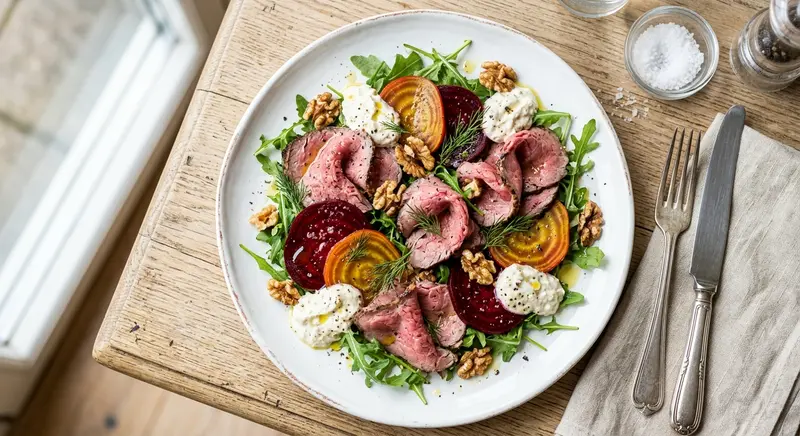 Rosbief met rode biet, rucola en mierikswortelyoghurt