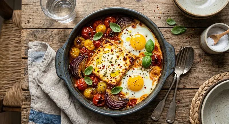 Ovenschotel van feta, cherrytomaat en ei met oregano